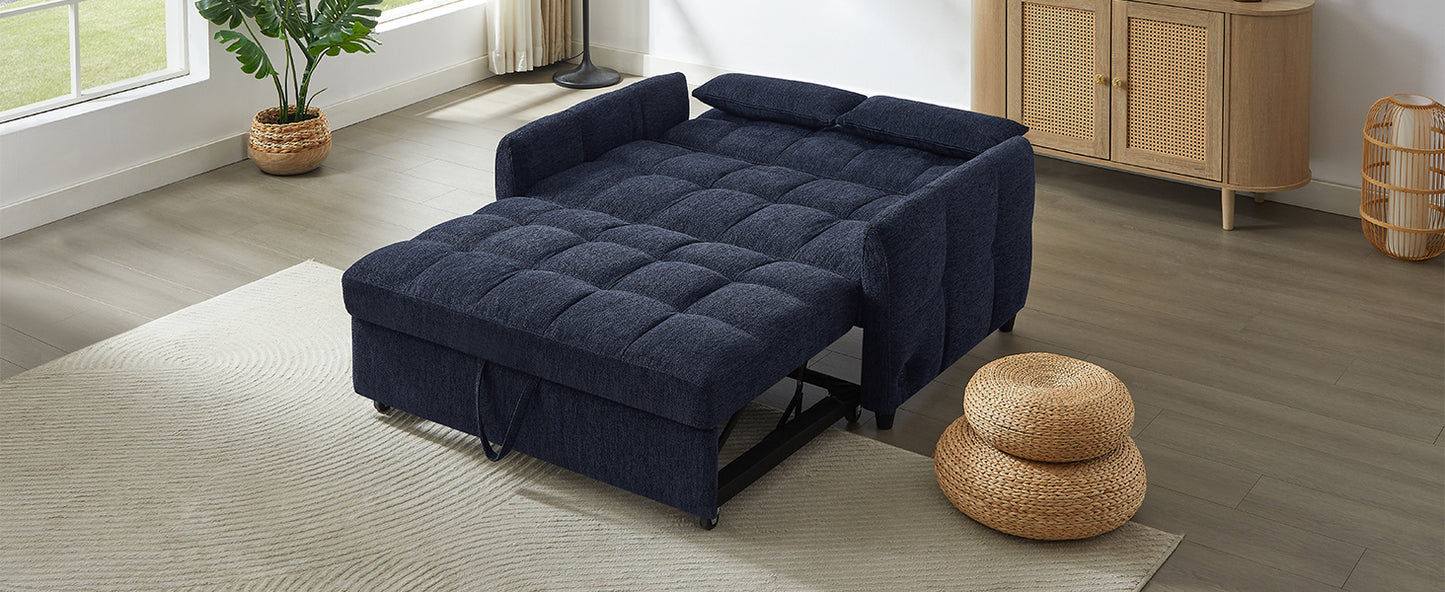 52.8" Loveseat Sofa Pull-out Sofa Bed Tufted Sleeper Sofa with an Adjustable Backrest, Three USB Ports and Two Lumbar Pillows for Living Room, Blue