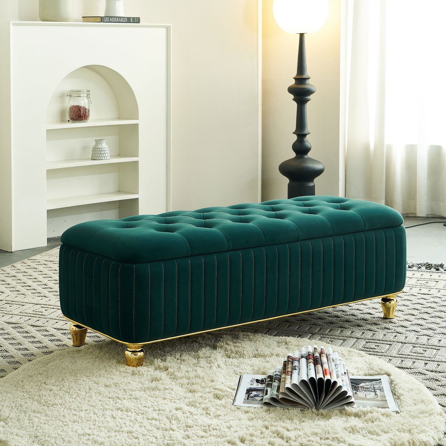 47.24''W Storage Ottoman,Upholstered Velvet Fabric Storage Ottoman with Safety Hinge, gold decoration strip and gold embroidery Footstool, Ottoman Bench for Living Room & Bedroom,Green Color