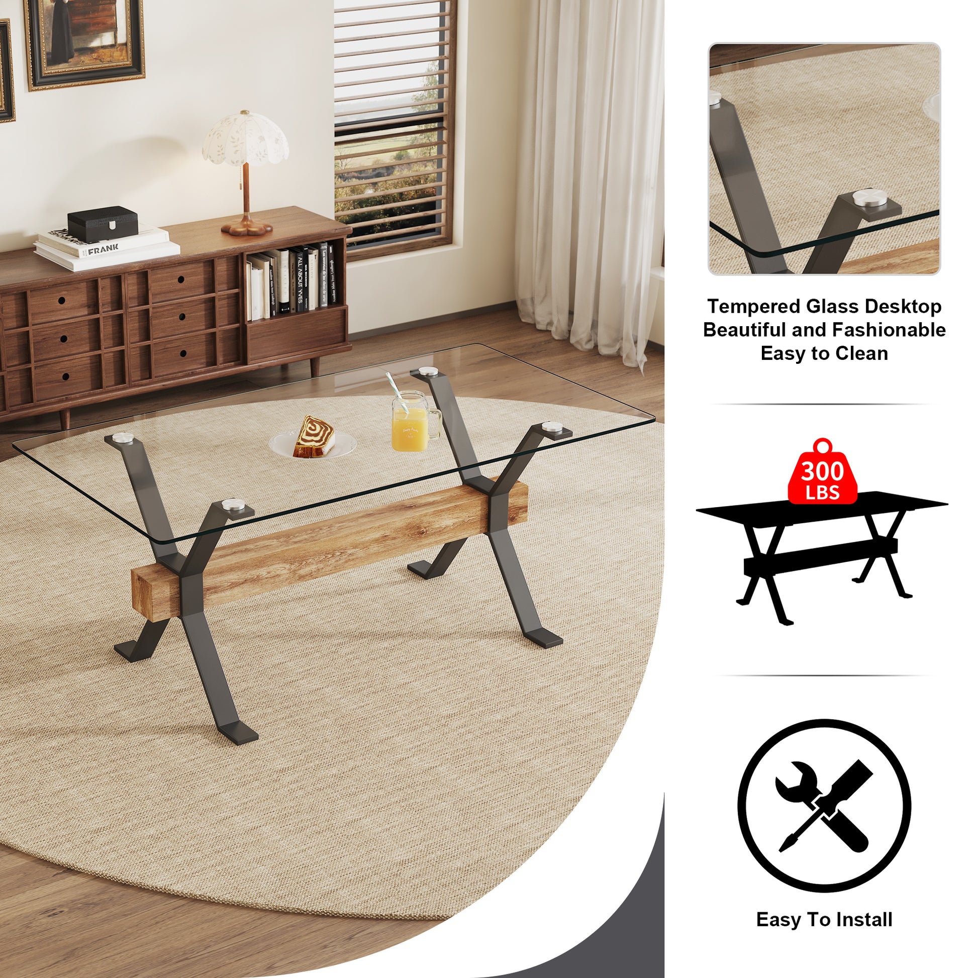 Dining table. Modern tempered glass dining table. Large modern office desk with black metal legs and MDF crossbars, suitable for home and office use. 8 high-end cushioned seats.F-1105  C-1162