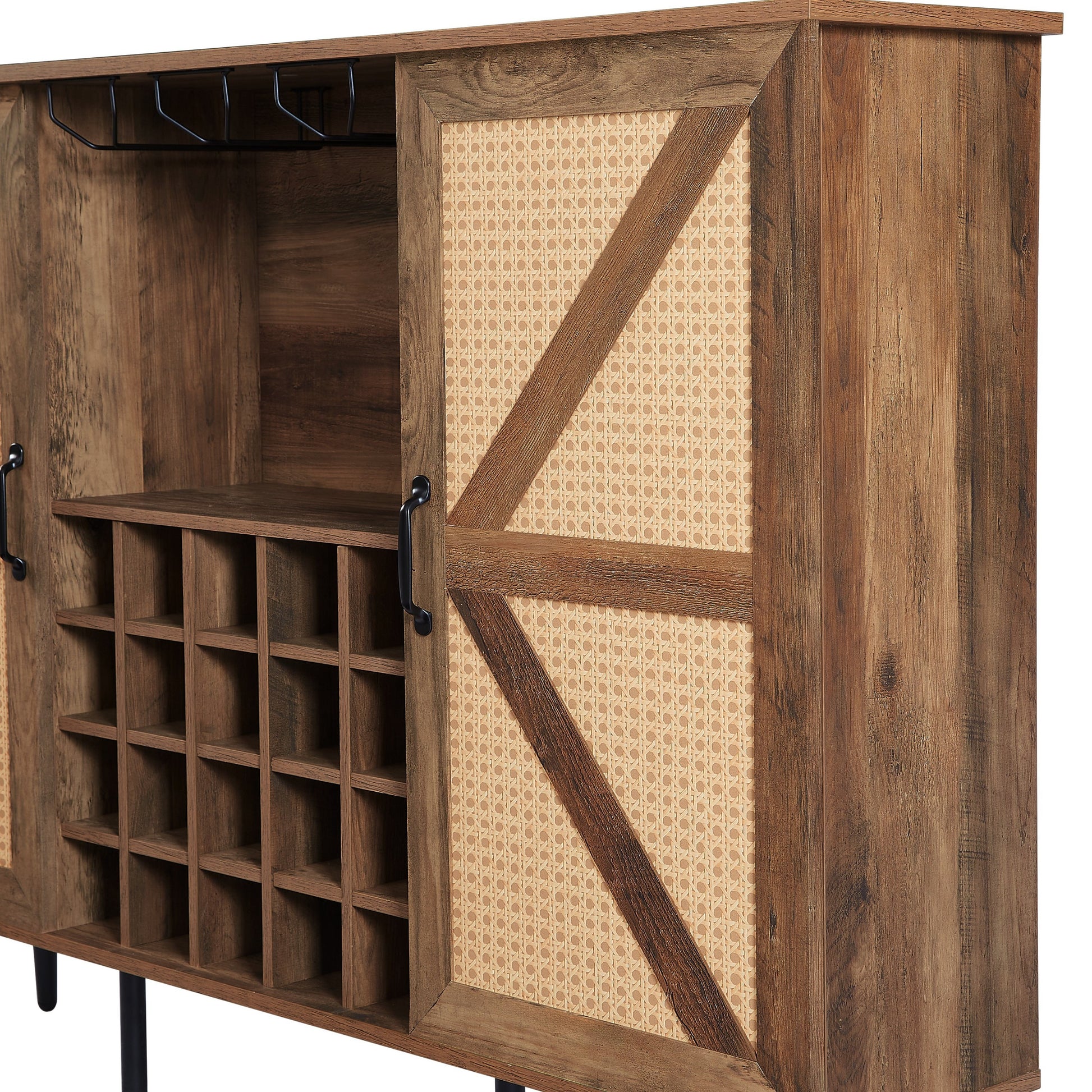 Oak Color Faux Rattan Barn Door Wine Cabinet with Wine Rack and Wine Glass Rack, Double Door Design with Removable Shelves, Rustic Wood Storage Cabinet