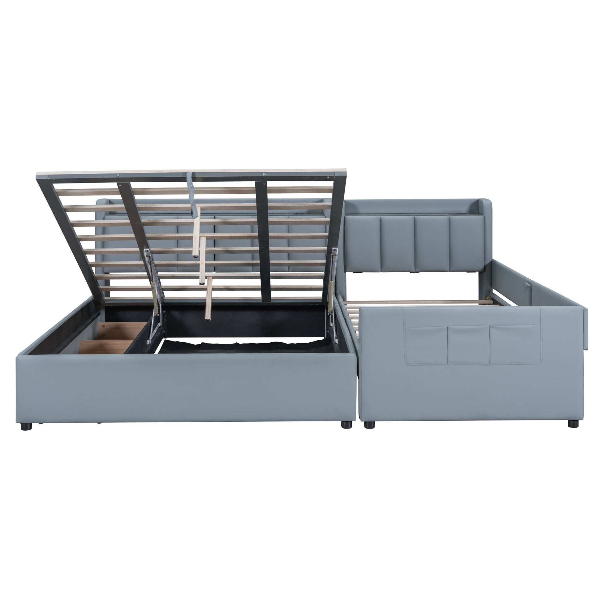 Queen Size & Twin XL Size Upholstered Platform Bed, Mother & Child Bed with Hydraulic Storage System, Drawer Box, Bedhead storage shelf and Two pairs of sockets & USB Ports, PU Leather, Gray