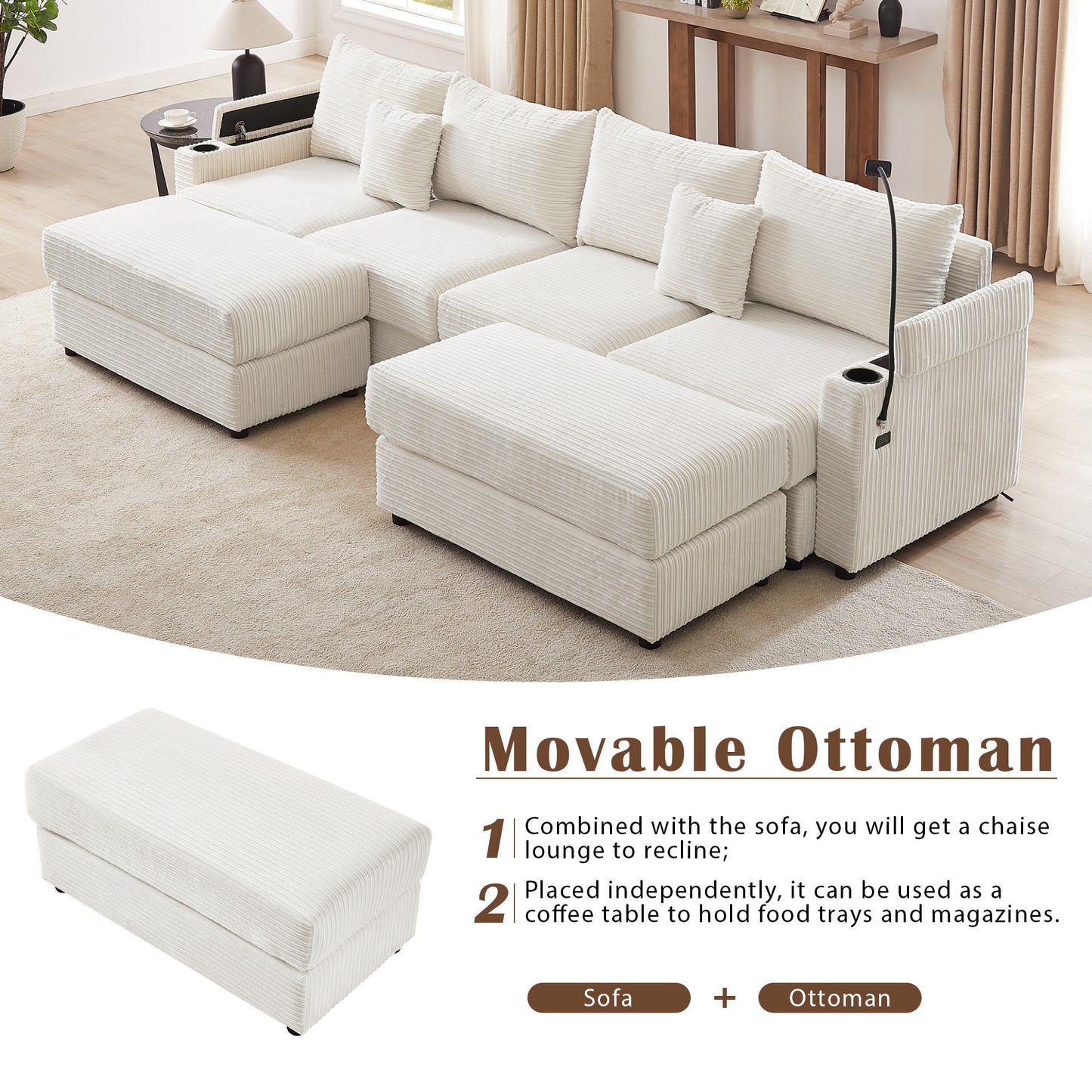 123.2" Modern Style 4-seater Sofa Sectional Sofa Couch with Storage Space, Two Movable Ottomans, Two USB Ports, Two Cup Holders, A Phone Holder for Living Room, Beige