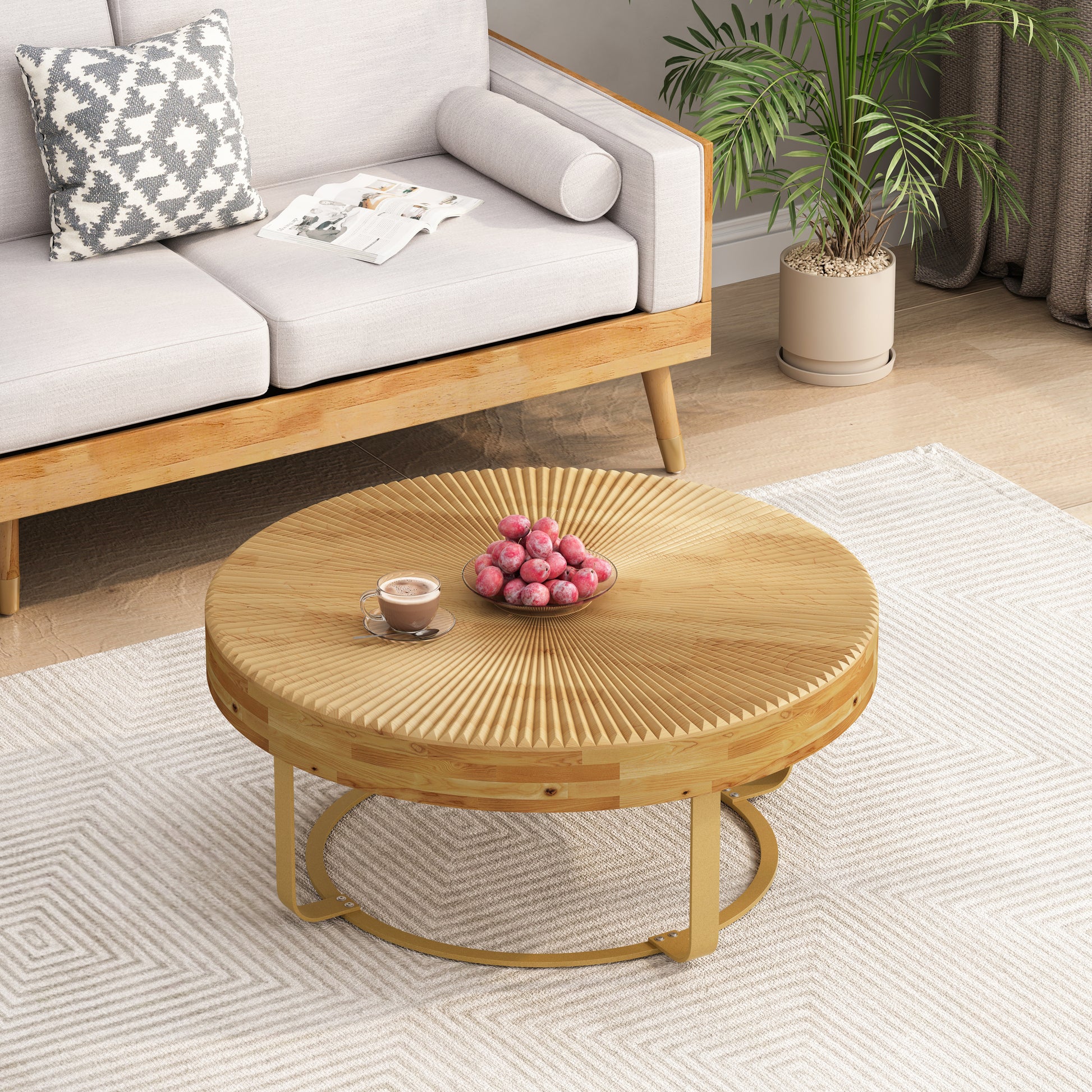 Modern round coffee table Wooden carving pattern coffee table with metal legs for living room reception room office Golden