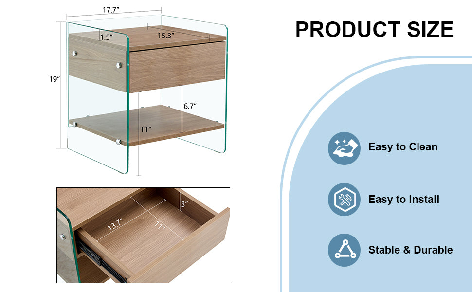 Bedside table with drawers. The board surface is MDF sticker, and both sides are transparent tempered glass. The design is simple and elegant, with excellent storage functions.