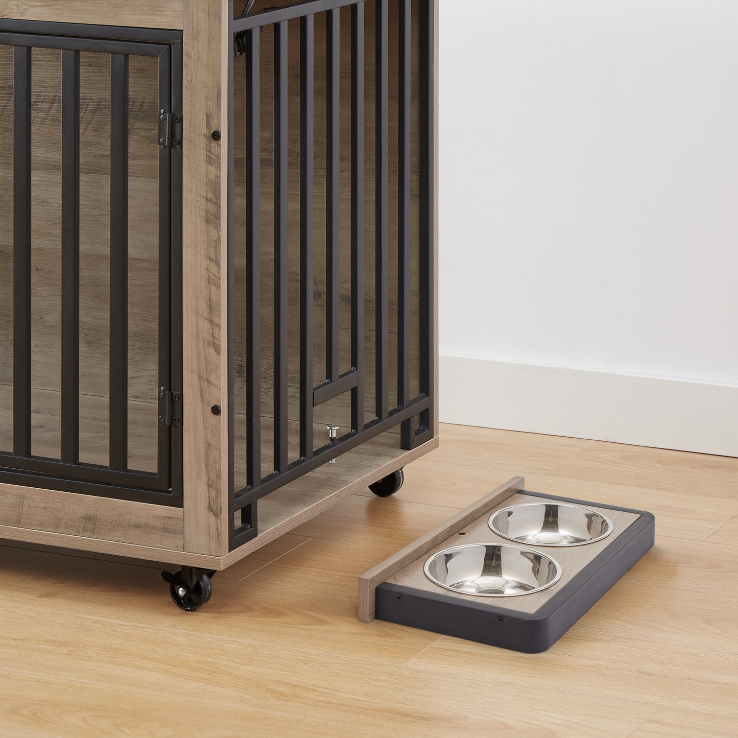 Furniture Style Dog Crate Side Table With Feeding Bowl, Wheels, Three Doors, Flip-Up Top Opening. Indoor, Grey, 38.58"W x 25.2"D x 27.17"H