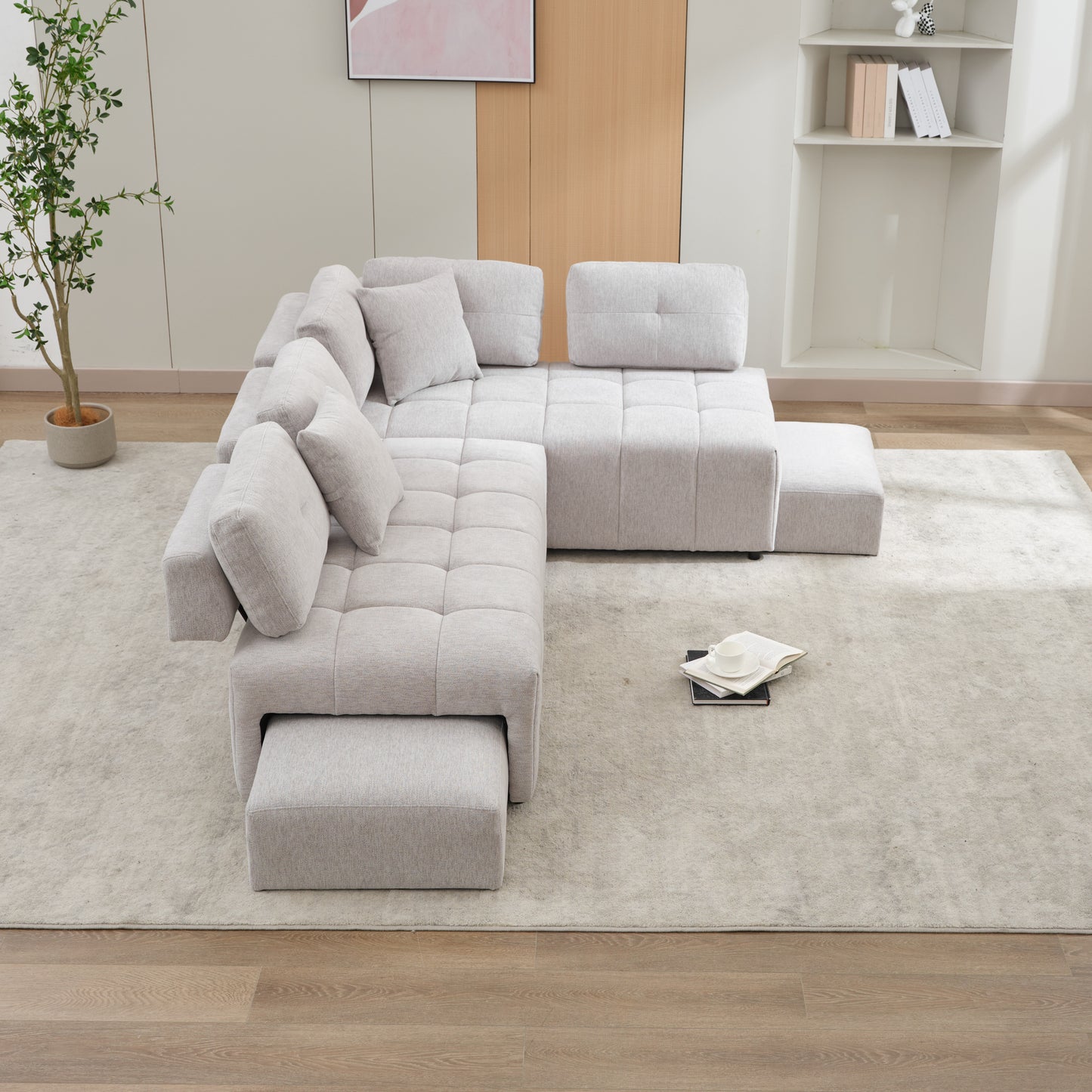 91.73" L-shaped Sofa Sectional Sofa Couch with 2 Stools and 2 Lumbar Pillows for Living Room, Light Grey