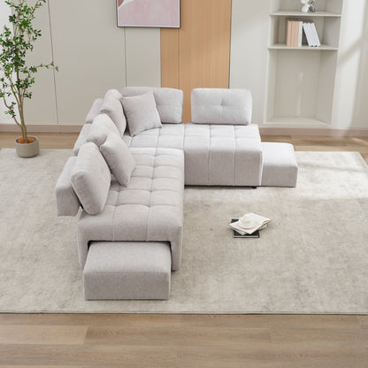 91.73" L-shaped Sofa Sectional Sofa Couch with 2 Stools and 2 Lumbar Pillows for Living Room, Light Grey