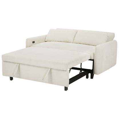 57.48" Pull-out Sofa Bed Convertible Couch 2 Seat Loveseat Sofa Modern Sleeper Sofa with Two Throw Pillows and USB Ports for Living Room, Beige(Old Sku:WF317760AAA)