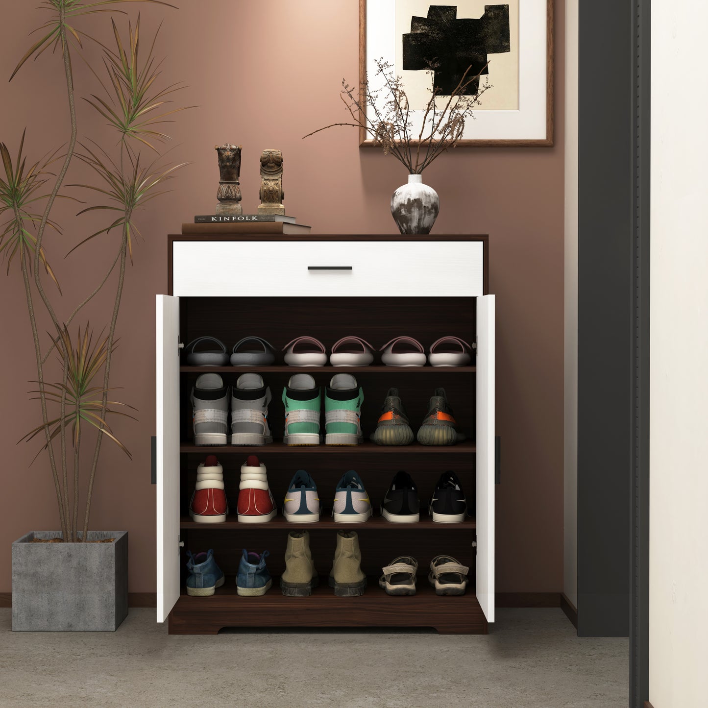 Shoe Cabinet, 4-Tier Shoe Rack Organizer with 1 Drawer, Freestanding Wooden Shoe Storage Cabinet with 2 White Door & Adjustable Shelves for Entryway Hallway