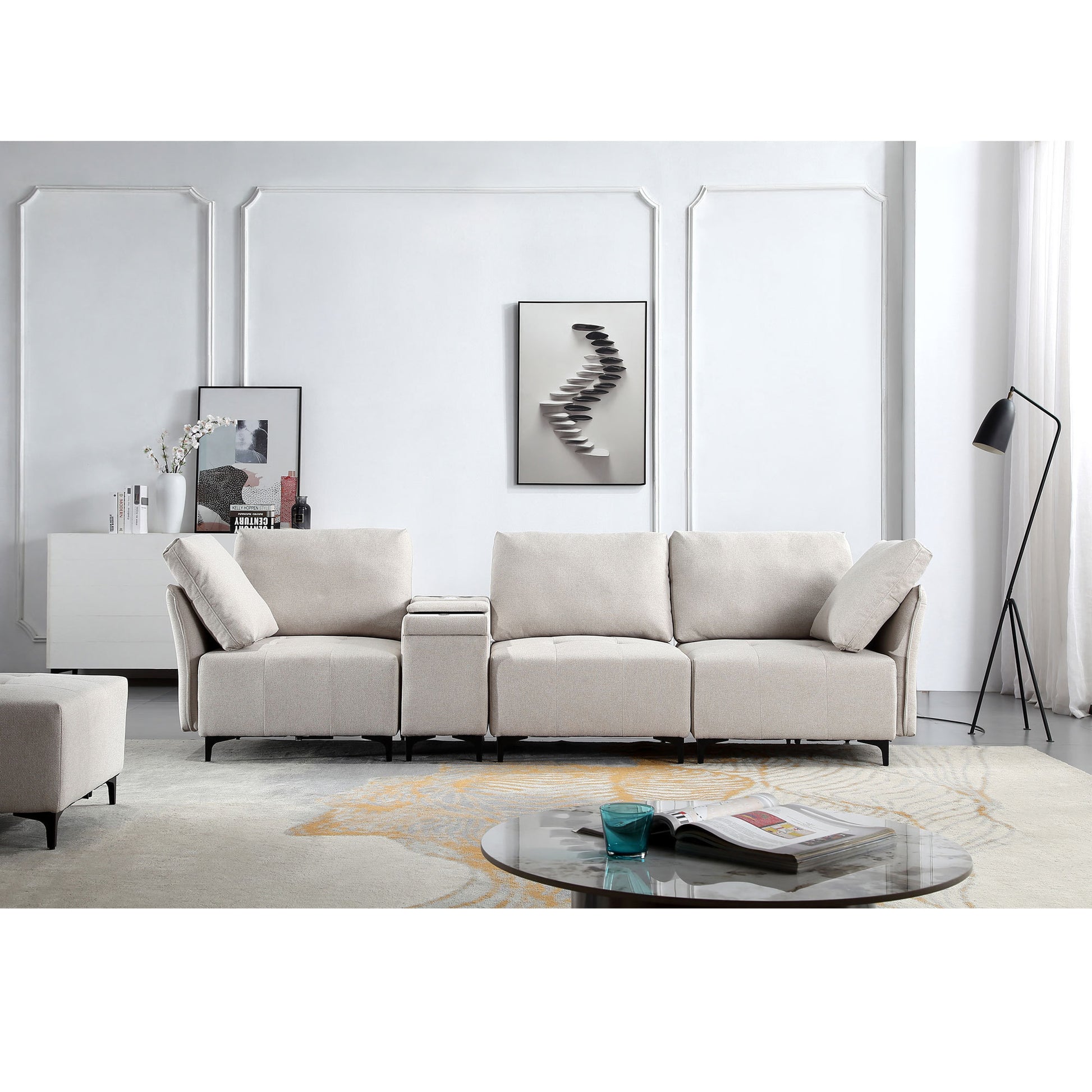 Modular Sectional Sofa,Multifunctional Couches for Living Room with Storage, mid console with speaker and storage,2 USB port and 1 type-C ,wireless charging ceramic top,aluminum cup holder.