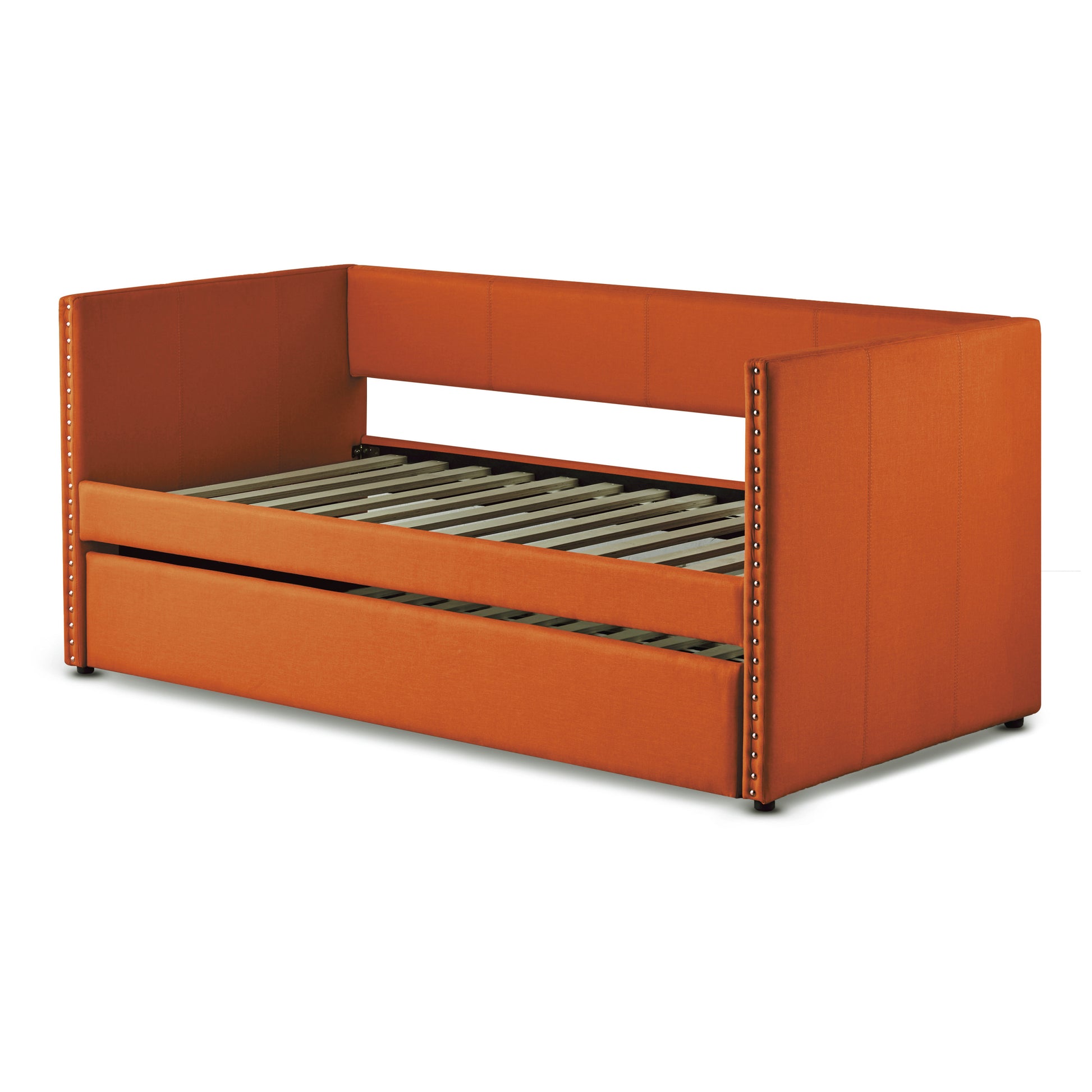 Orange Fabric Upholstered 1pc Day Bed with Pull-out Trundle Nailhead Trim Wood Frame Furniture