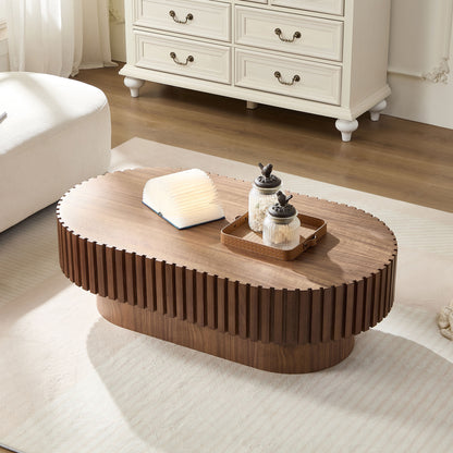 43.70 Inch Modern Handcraft Drum Coffee Table Oval Coffee Table for Living Room,Small Wooden Coffee Table with Sturdy Pedestal for Office,Walnut