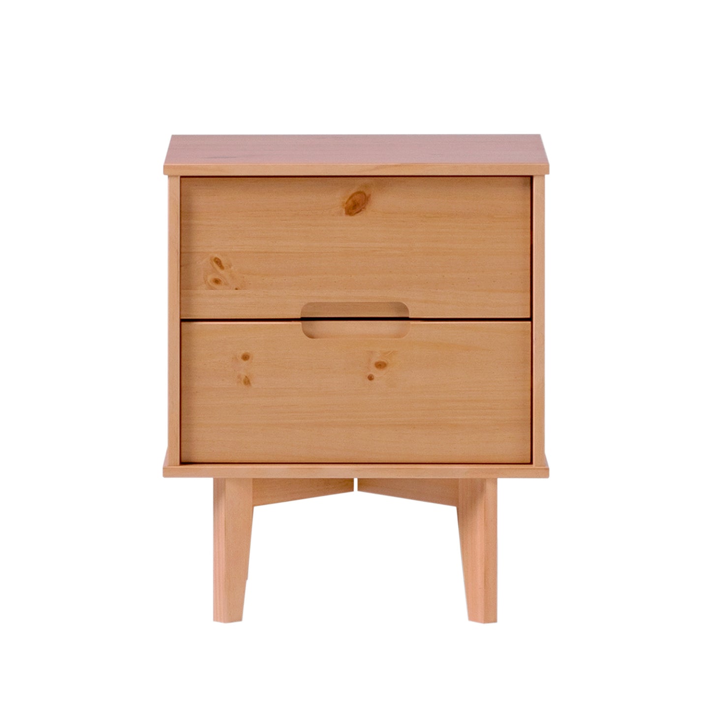 Mid-Century Modern Solid Wood 2-Drawer Nightstand – Natural Pine, Bedside Table