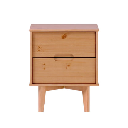 Mid-Century Modern Solid Wood 2-Drawer Nightstand – Natural Pine, Bedside Table