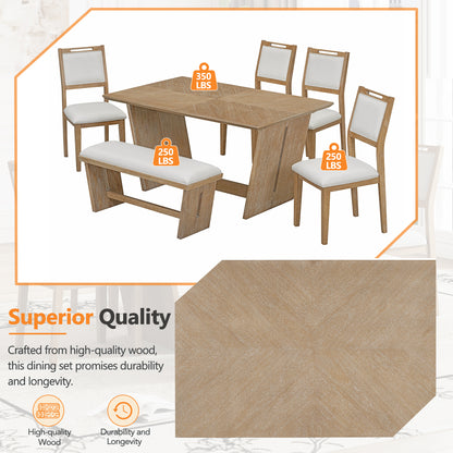 TREXM 6-Piece Modern Retro Dining Set, 1 Rectangular Table with Stable Trapezoidal Table Base and 4 Upholstered Chairs and 1 Bench for Dining Room and Kitchen (Natural Wood Wash)