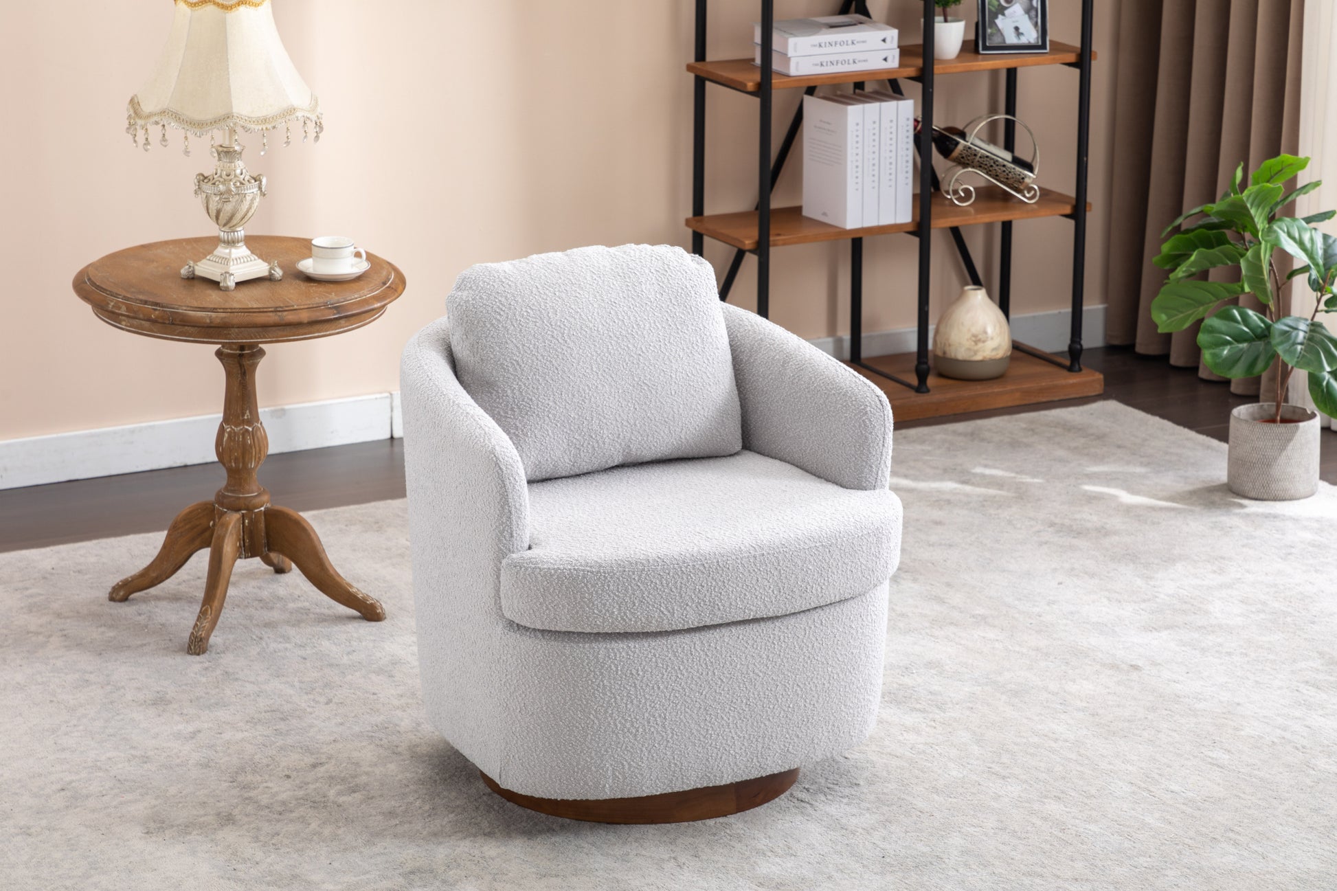 035-Boucle Fabric Swivel Accent Chair With Soild Wood Round Brown Base Leg,Light Gray