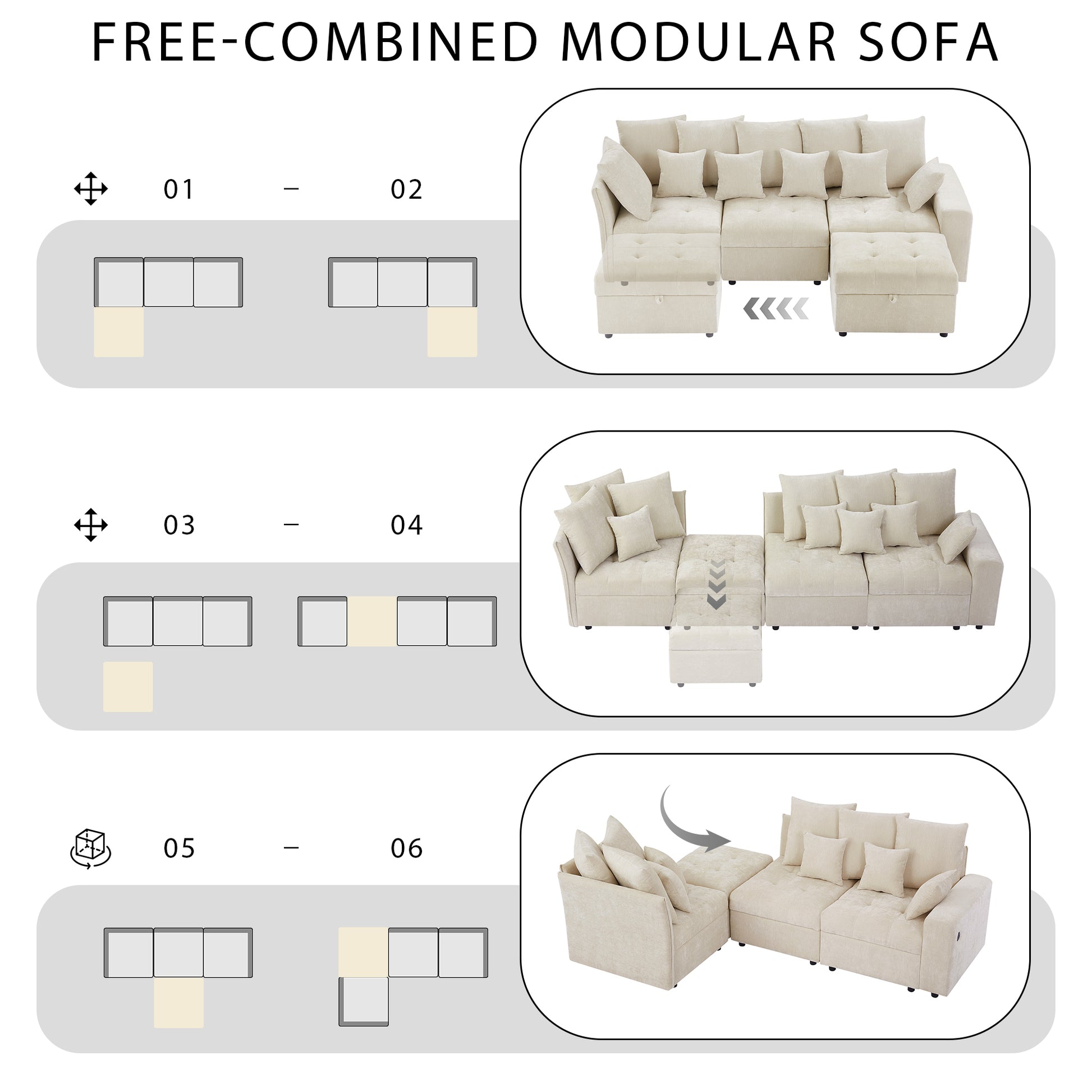 96.45"Sectional sofa Modular Sofa Couch with Three USB Ports, a Removable Storage Ottoman and Five Back Pillows for Living Room, Beige