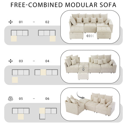 96.45"Sectional sofa Modular Sofa Couch with Three USB Ports, a Removable Storage Ottoman and Five Back Pillows for Living Room, Beige