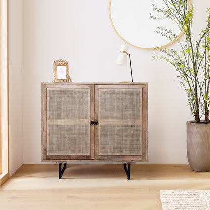 35 Inch Handcrafted Accent Cabinet with 2 Mesh Rattan Doors, Black Iron Legs, Natural Brown Mango Wood Frame