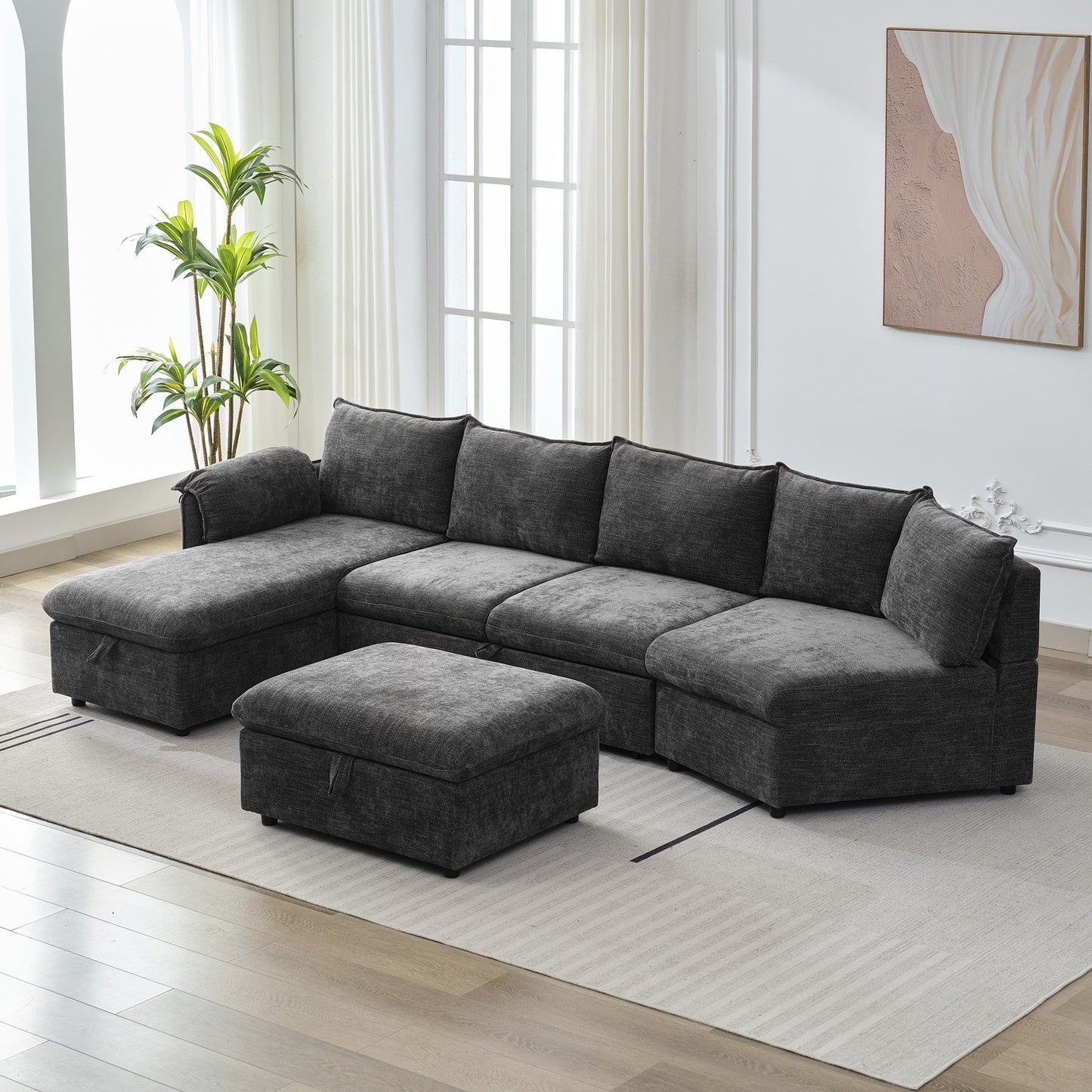 146.9" L-shaped Sofa Sectional Sofa Couch Pull-out Sofa Bed with a Movable Storage Ottoman, a Storage Chaise Lounge and Two USB Ports for Living Room, Grey