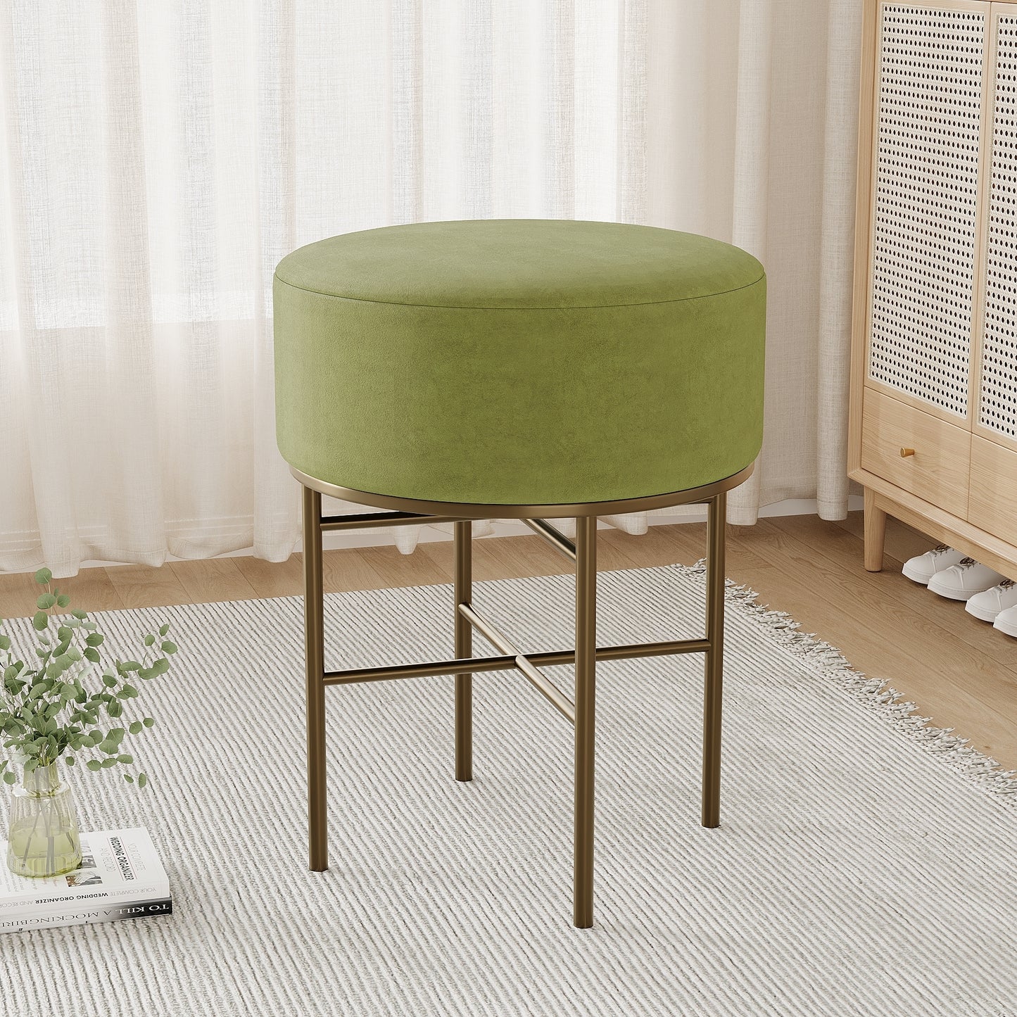 2 pcs Round Cushioned Vanity Stool, Linen Upholstered Vanity Stool for Makeup Room, Modern Soft Stool for Bar and Dining, Ottoman Footrest Stool with Metal Legs for Living Room, Bedroom(Matcha Green)