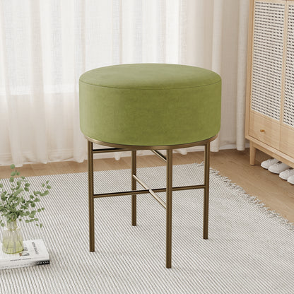 2 pcs Round Cushioned Vanity Stool, Linen Upholstered Vanity Stool for Makeup Room, Modern Soft Stool for Bar and Dining, Ottoman Footrest Stool with Metal Legs for Living Room, Bedroom(Matcha Green)