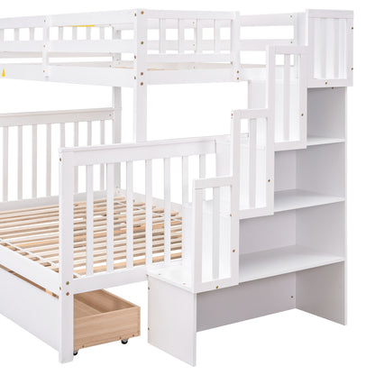 Twin Over Full Bunk Bed with 2 Drawers and Staircases, Convertible into 2 Beds, the Bunk Bed with Staircase and Safety Rails for Kids, Teens, Adults, White
