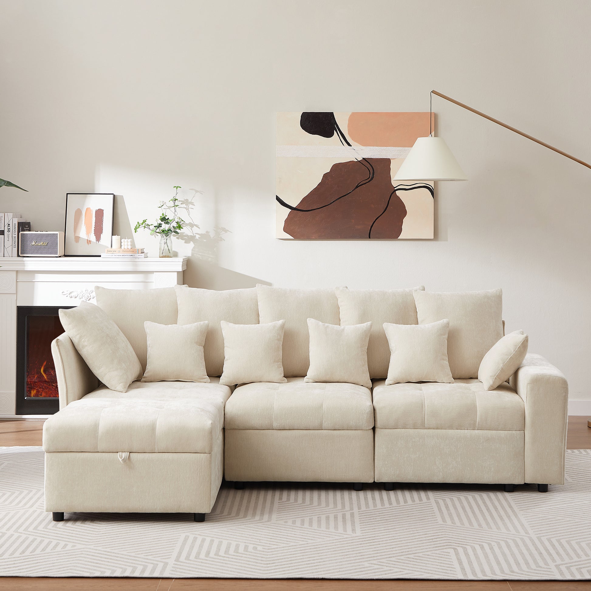 96.45"Sectional sofa Modular Sofa Couch with Three USB Ports, a Removable Storage Ottoman and Five Back Pillows for Living Room, Beige