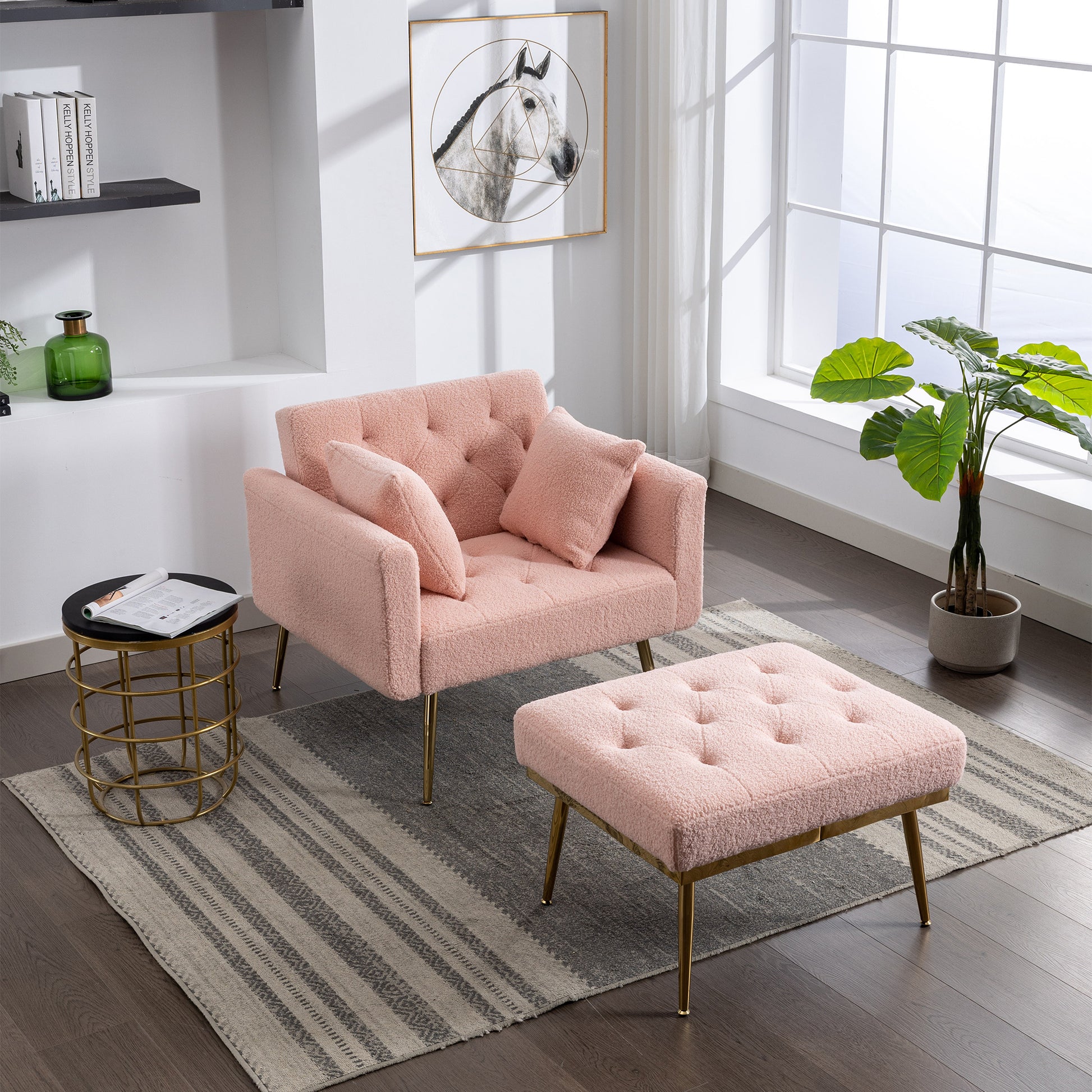 36.61'' Wide Modern Accent Chair With 3 Positions Adjustable Backrest, Tufted Chaise Lounge Chair, Single Recliner Armchair With Ottoman And Gold Legs For Living Room, Bedroom (Pink)