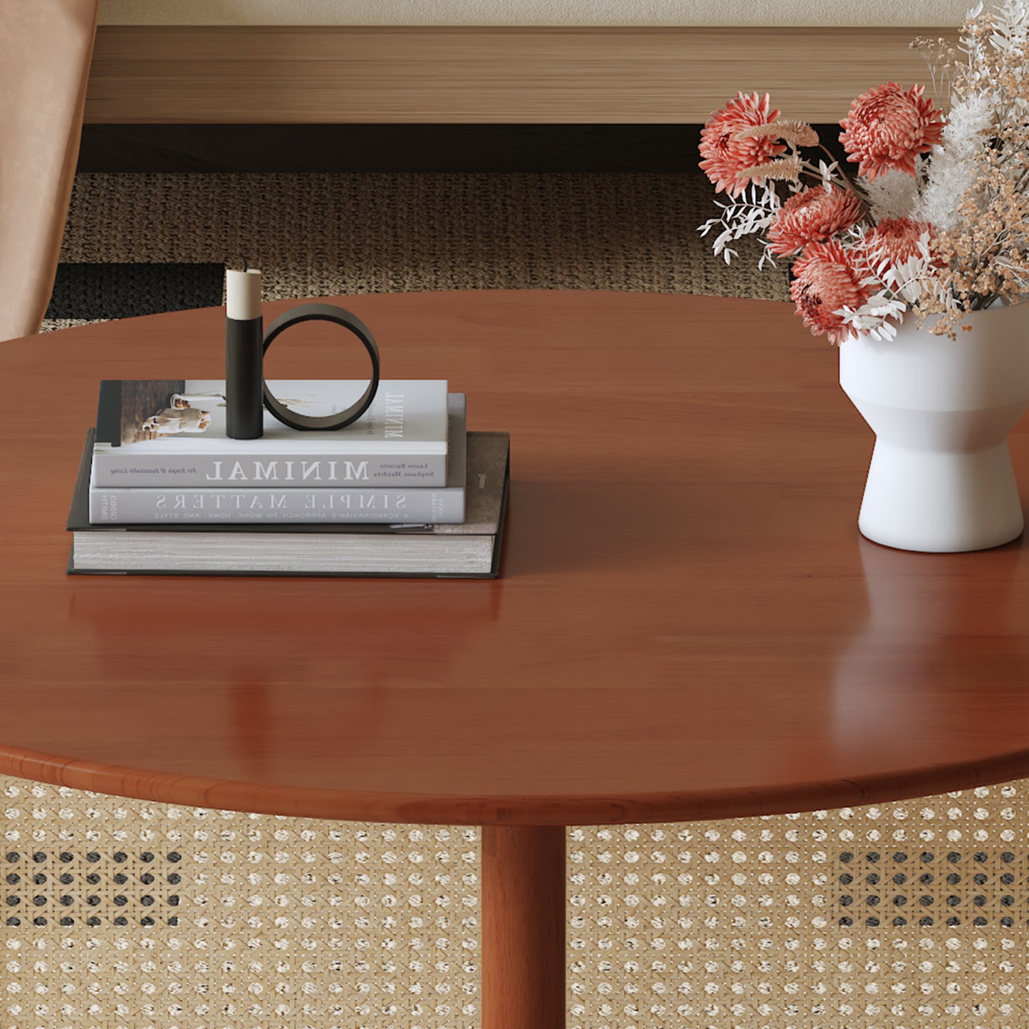 A natural and elegant deep red wooden coffee table with artificial rattan decorations, perfect for a fashionable living room and comfortable tea drinking time