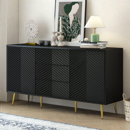 U_STYLE  Modern Sideboard with Geometric Line Design, Conical Metal Legs, and Central Drawers for Stylish Storage, Suitable for Study, Entryway and Living Room