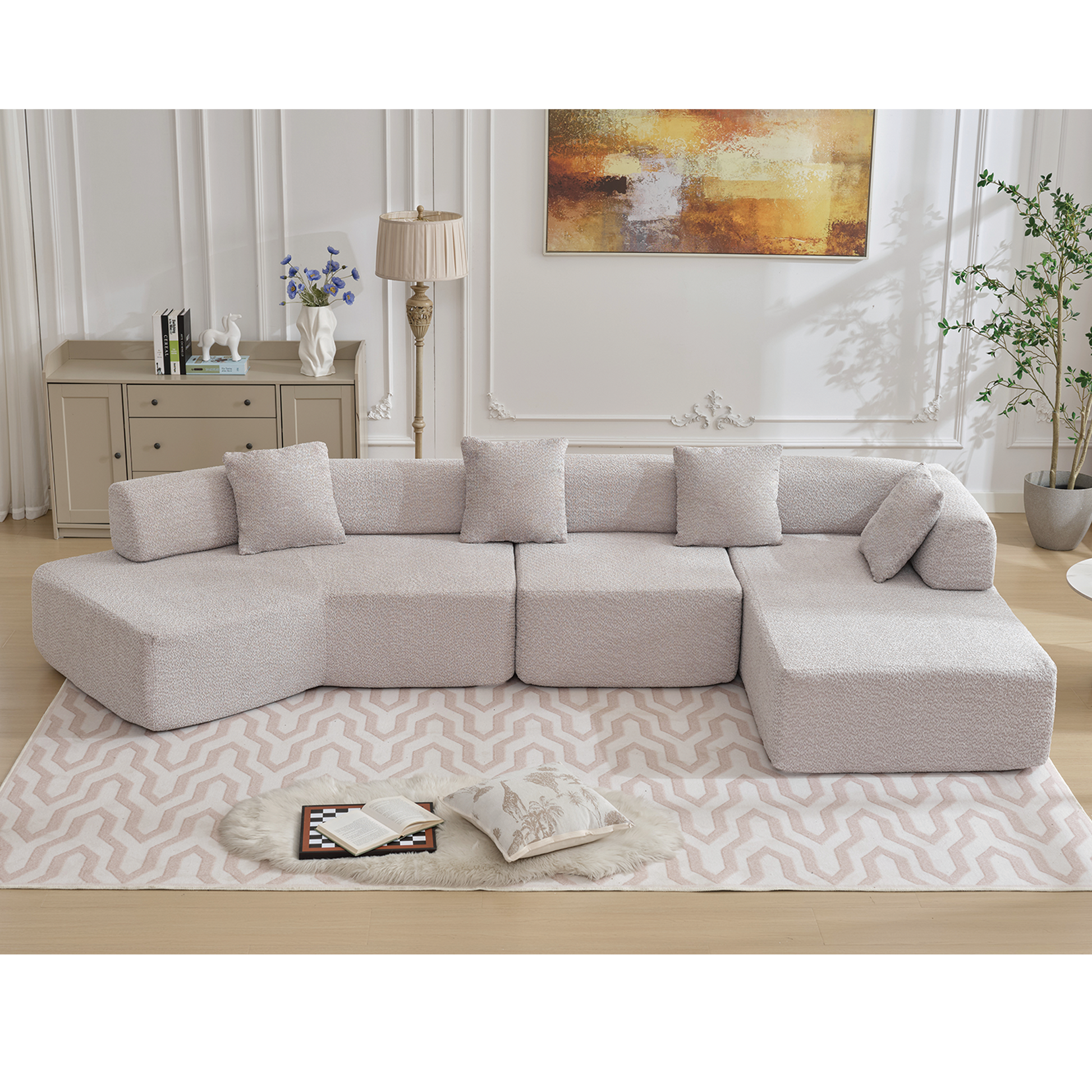 [NEW ARRIVED] [VIDEO PROVIDED]Modern Minimalist 140" L-Shape Couch ,No Assembly Required,Boucle,Modular Sofa ,Couch with Chaise,Free Combination Foam-Filled Sofa, 4 Seats, Gray