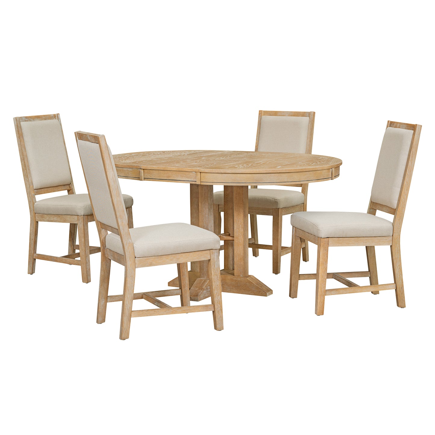 TREXM 5-Piece Dining Set Extendable Round Table and 4 Upholstered Chairs Farmhouse Dining Set for Kitchen, Dining Room(Natural Wood Wash)