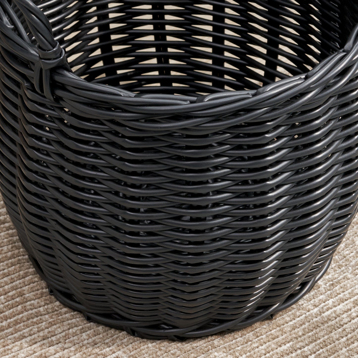 Lucius Round Resin Woven Wicker Basket with Handles - 13" x 13" x 13" - Black - For Clothes, Towels, Toys, Magazines Storage and Home Decoration