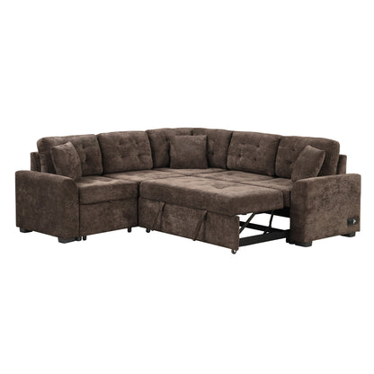 82.6" L-shape Sofa Bed Pull-out Sleeper Sofa with Wheels, USB Ports, Power Sockets for Living Room, Brown