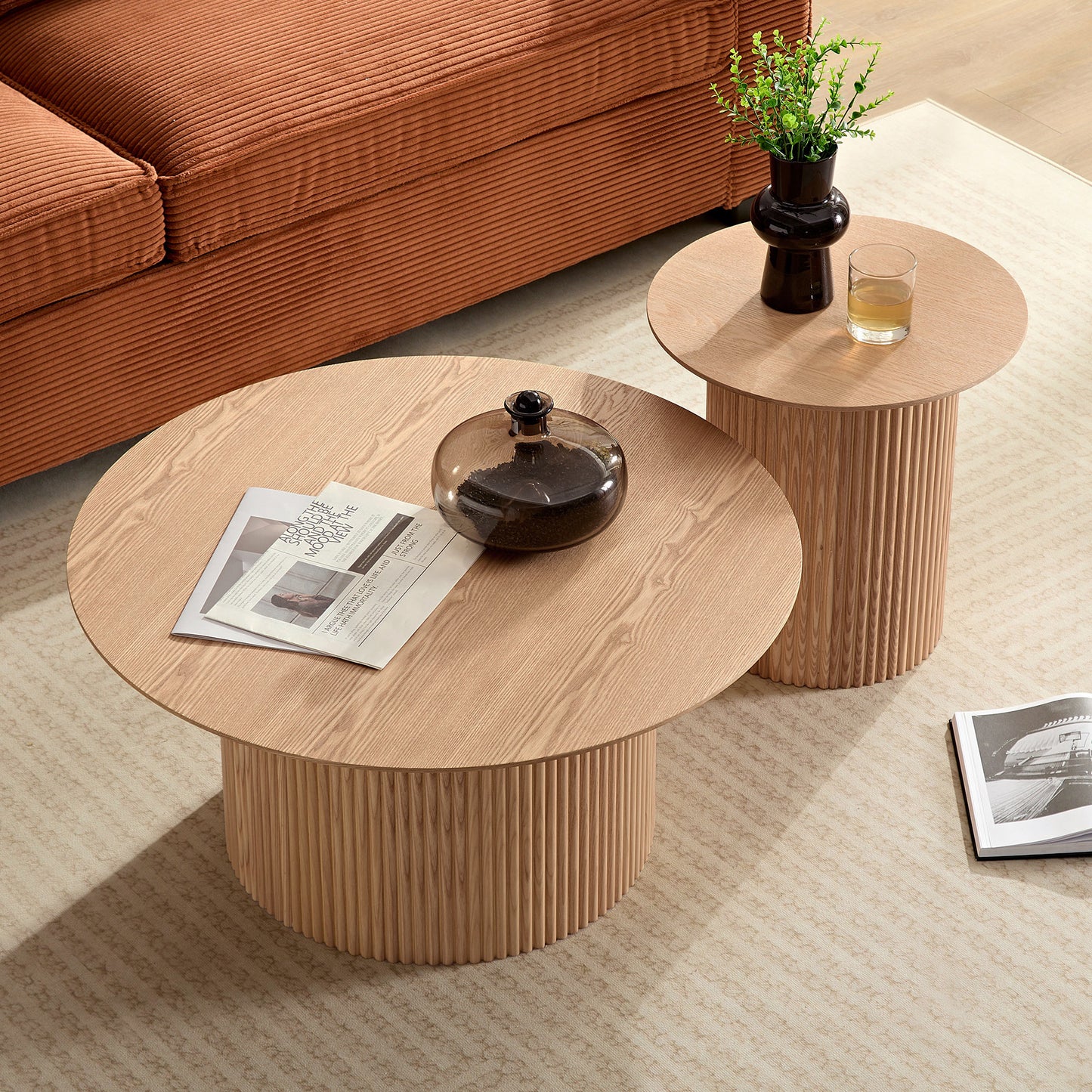 Set of 2 Round Side Table and Coffee table Circle Small Accent Table for Living Room Mid Century Circle Table Oak