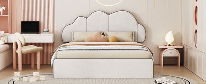 Queen size Upholstered Platform Bed with Cloud-shaped Headboard, Beige