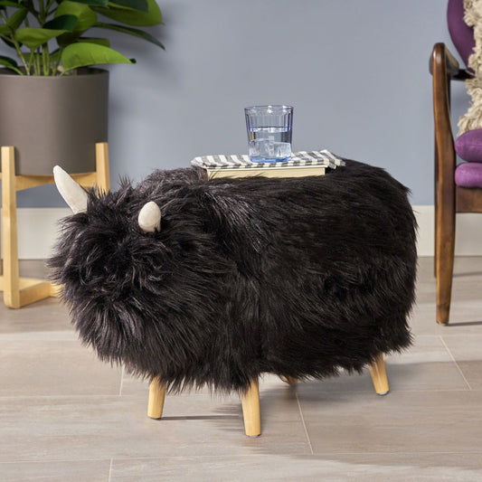 Adorable Upholstered Black Yak Ottoman, Cute Wood Foot Stool Shoes Changing Seat with Cushioned for Adult Living Room, Bedroom, Nursery Gameroom, Playroom, Porch Furniture