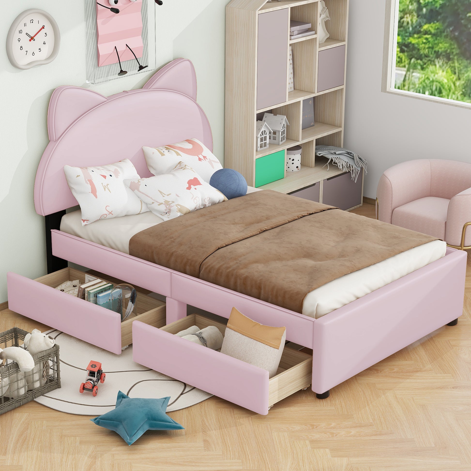 Twin Size Upholstered Platform Bed with Cartoon Ears Shaped Headboard and 2 Drawers, Pink