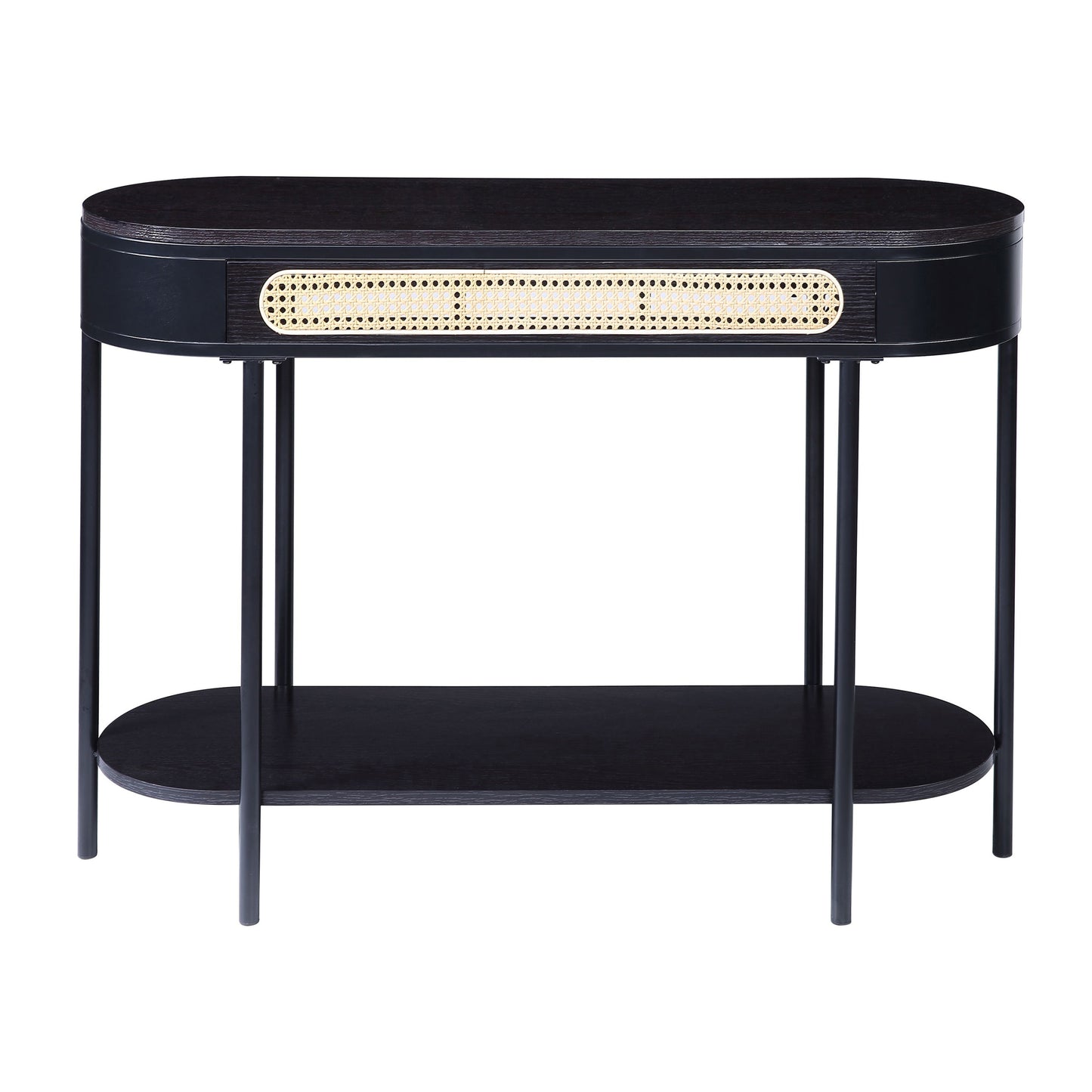 Black Oval Sofa Table with Bottom Shelf