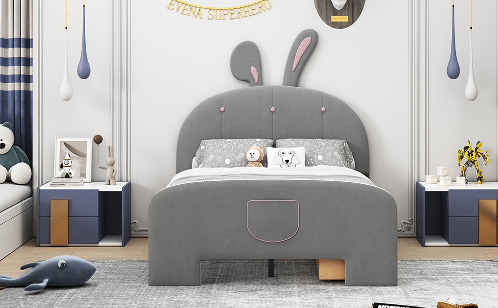 Full Size Velvet Platform Bed with Rabbit-Shaped Headboard, with Drawers, with Bed-End Storage Pocket, Gray