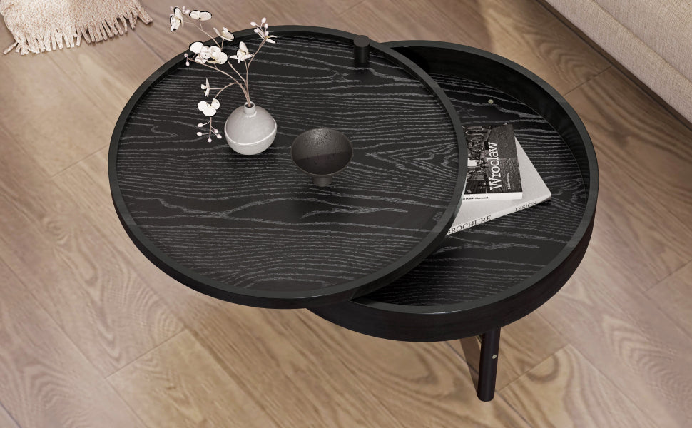 Modern Round Wood Rotating Tray Coffee Table with Storage & Metal Legs in Black