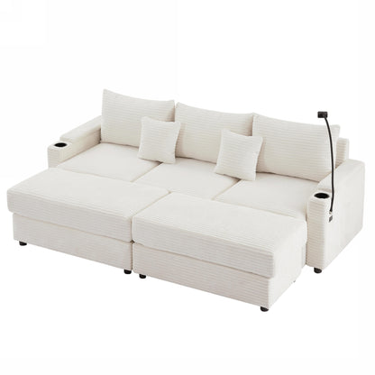 95.3" Modern Style 3-Seater Sofa Sectional Sofa Couch with Storage Space, Two Movable Ottomans, Two USB Ports, Two Cup Holders, A Phone Holder for Living Room, Beige