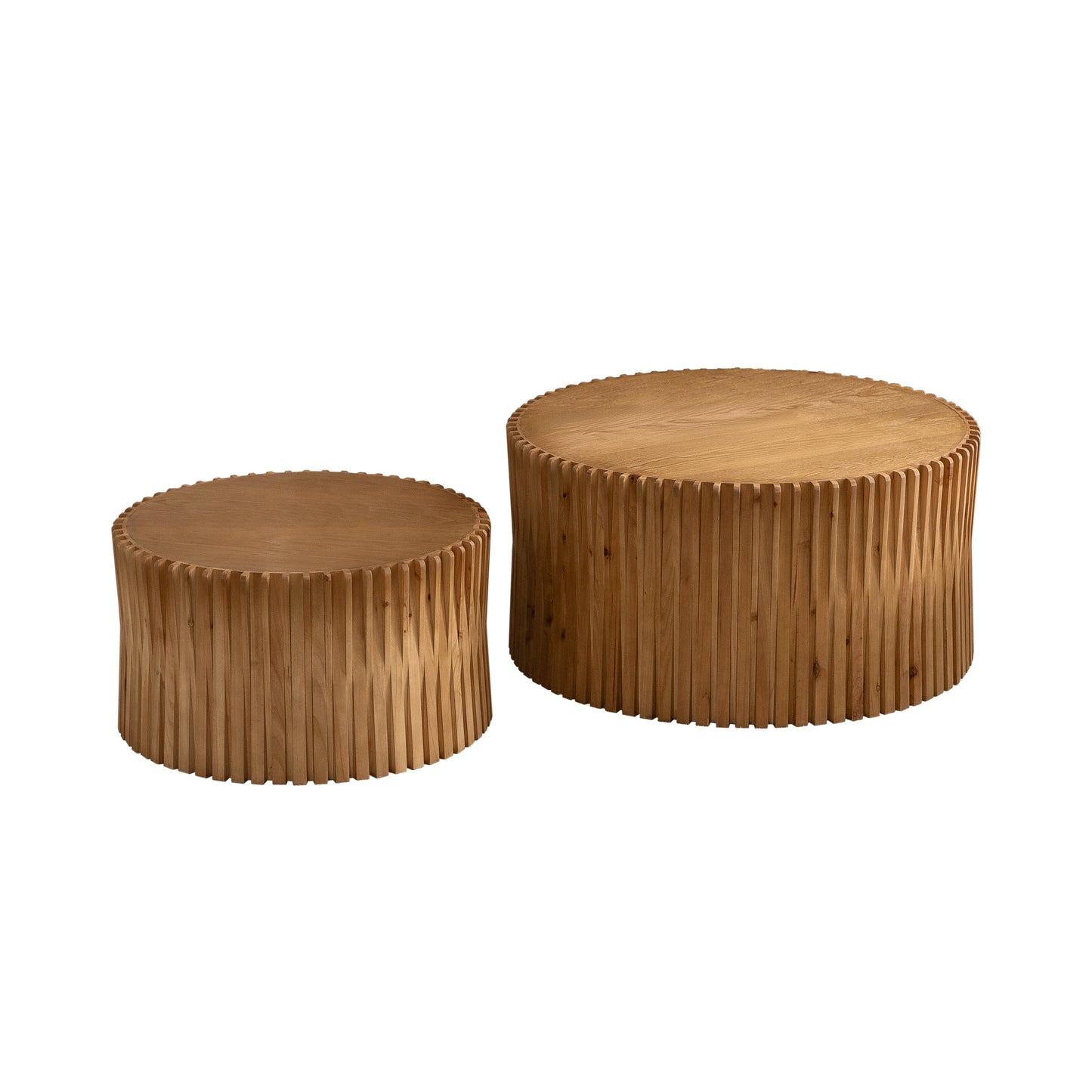 Vintage Fashion Style Cylindrical Nesting Coffee Table Set with Vertical Textured Embossed Design for Living Room, Office and Dining Room, Natural (Set of 2)