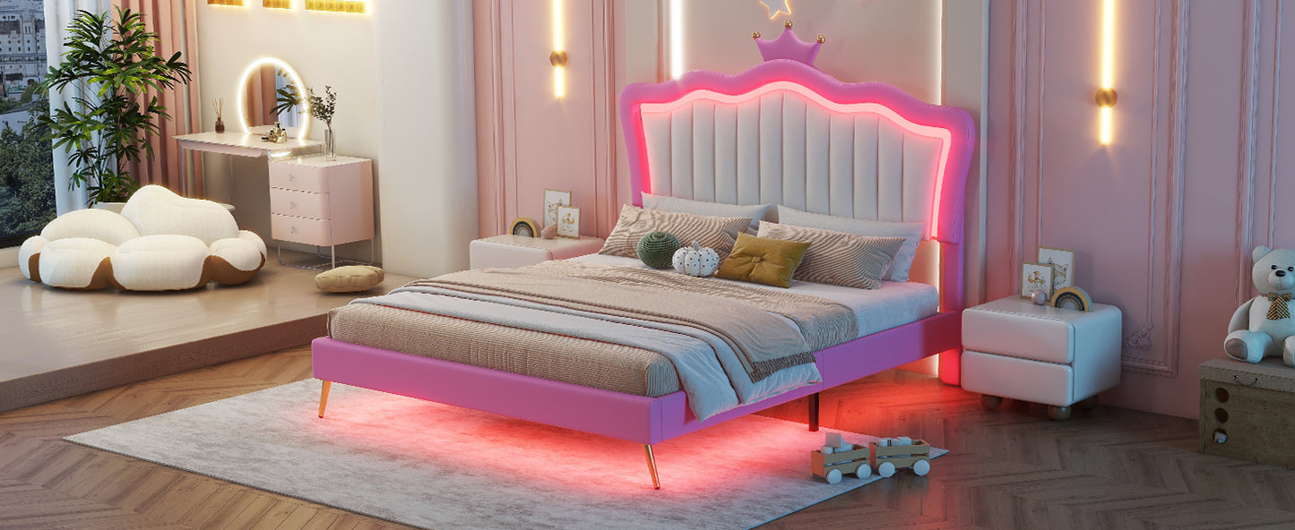 Full Size Upholstered Bed Frame with LED Lights, Modern Upholstered Princess Bed with Crown Headboard, Pink+White