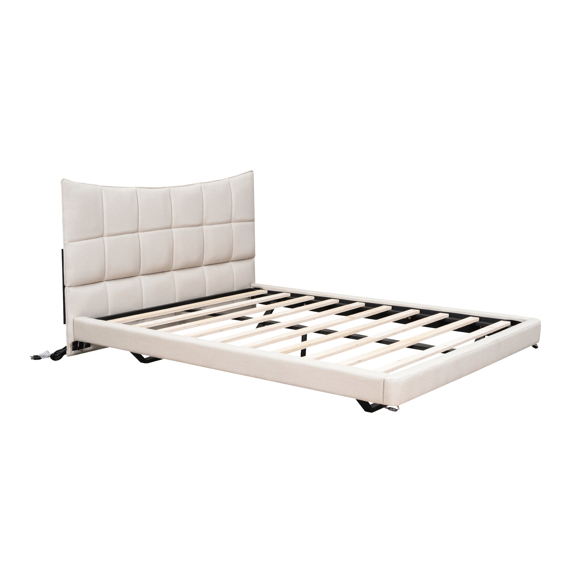 Full Size Upholstered Platform Bed with LED Lights,USB Ports and Outlets,Linen Fabric,Beige