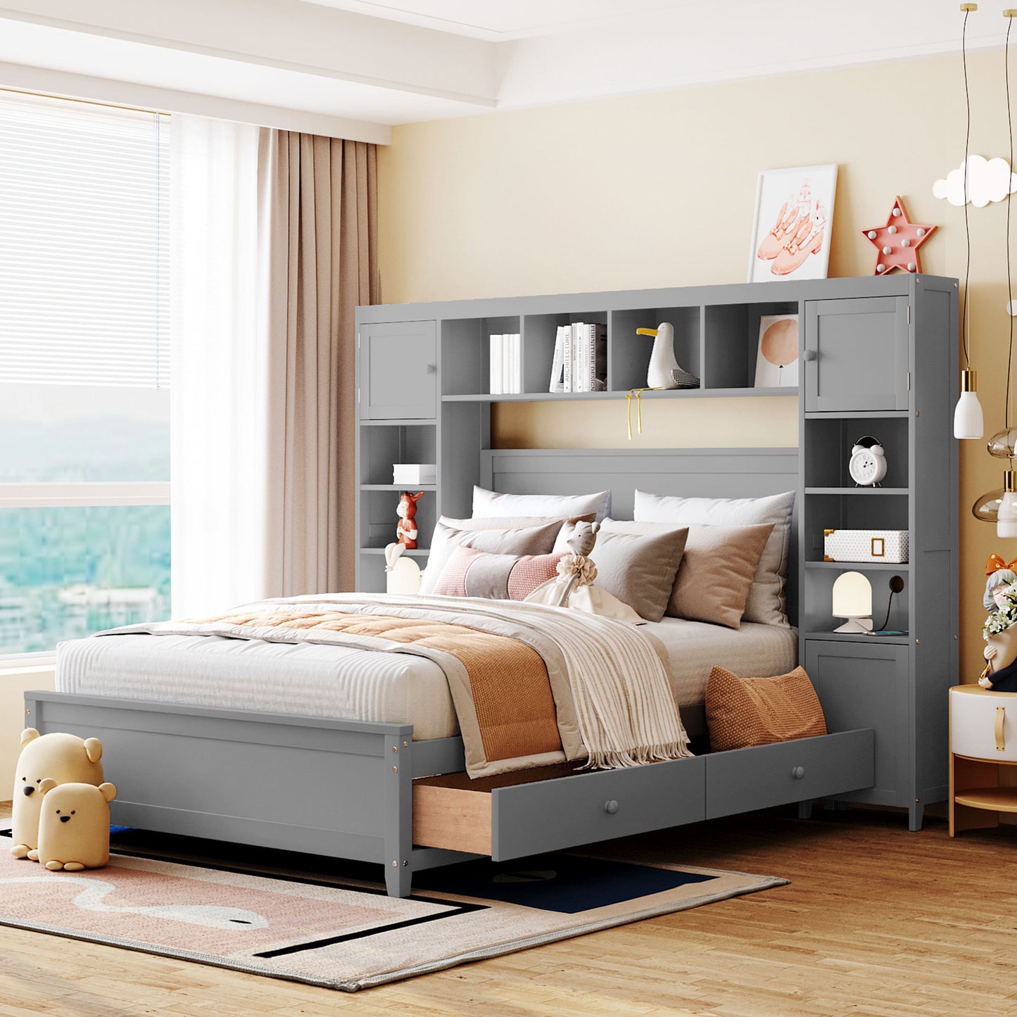 Full Size Wooden Bed With All-in-One Cabinet and Shelf, Gray