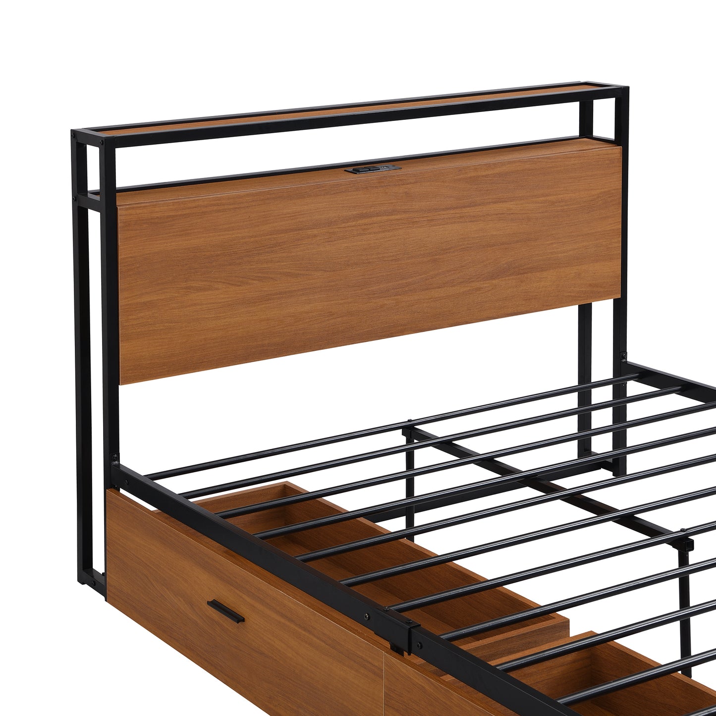 Full Size Metal Platform Bed Frame with  Two Drawers,Sockets and USB Ports ,Slat Support No Box Spring Needed Black