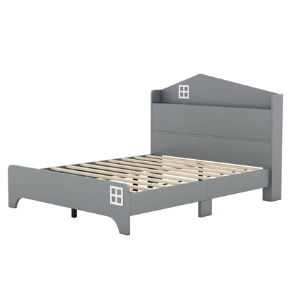 Wooden Full Size House Bed with Storage Headboard ,Kids Bed with Storage Shelf,Grey