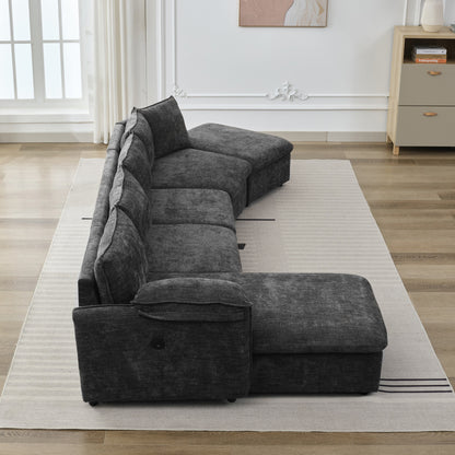 146.9" L-shaped Sofa Sectional Sofa Couch Pull-out Sofa Bed with a Movable Storage Ottoman, a Storage Chaise Lounge and Two USB Ports for Living Room, Grey